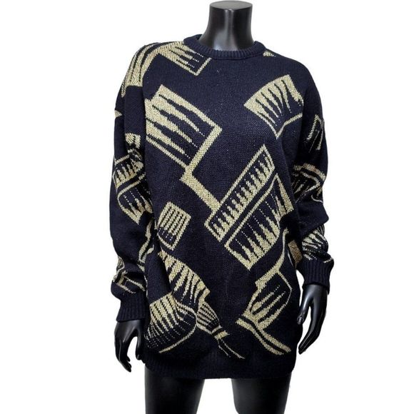 Vintage 80s 90s Ellen D Black & Gold Metallic Abstract‎ Oversized Knit Sweater - Picture 1 of 7